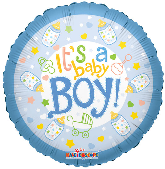 A delightful blue "It's a Baby Boy!" balloon adorned with baby bottles, rattles, and stars.