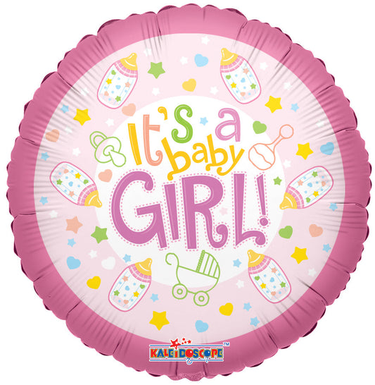 A festive pink "It's a Baby Girl!" balloon decorated with baby bottles, rattles, and stars.