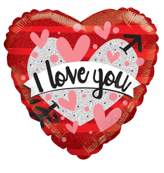 A shimmering heart-shaped "I Love You" balloon featuring glitter, pink hearts, and Cupid's arrows.