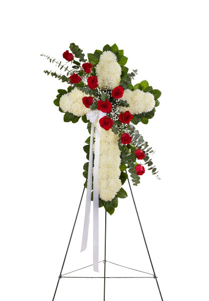 Peace and Prayers Standing Cross in Red and White, funeral flower cross with red roses, chrysanthemums, baby's breath, and greenery
