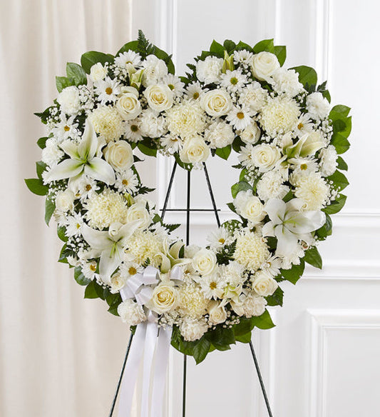 Always Remember Heart in White, funeral open heart wreath with white roses, lilies, chrysanthemums, and daisies