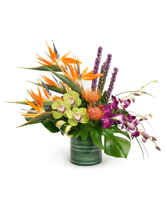 Vibrant tropical flower arrangement featuring bird of paradise, orchids, and colorful blooms in a sleek vase.