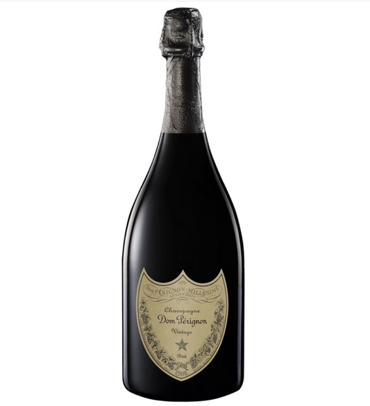 A bottle of Dom Pérignon Vintage Champagne with a classic black label and elegant design.