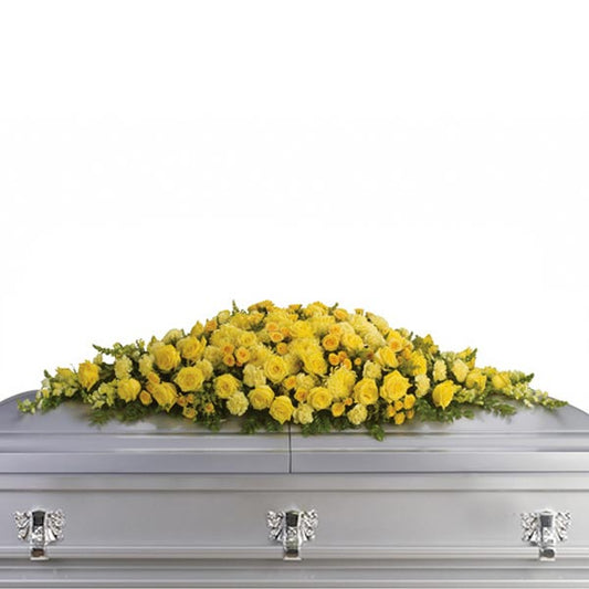 Golden Garden Casket Spray, full casket spray with yellow roses, yellow carnations, snapdragons, and mixed greenery