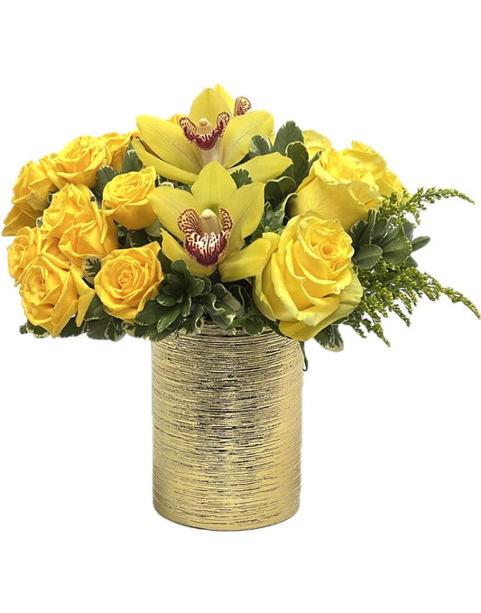 Product photo of Golden Rays bouquet with yellow roses and orchids flowers