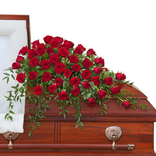 Simply Roses Casket Spray, half casket spray with red roses and mixed greenery